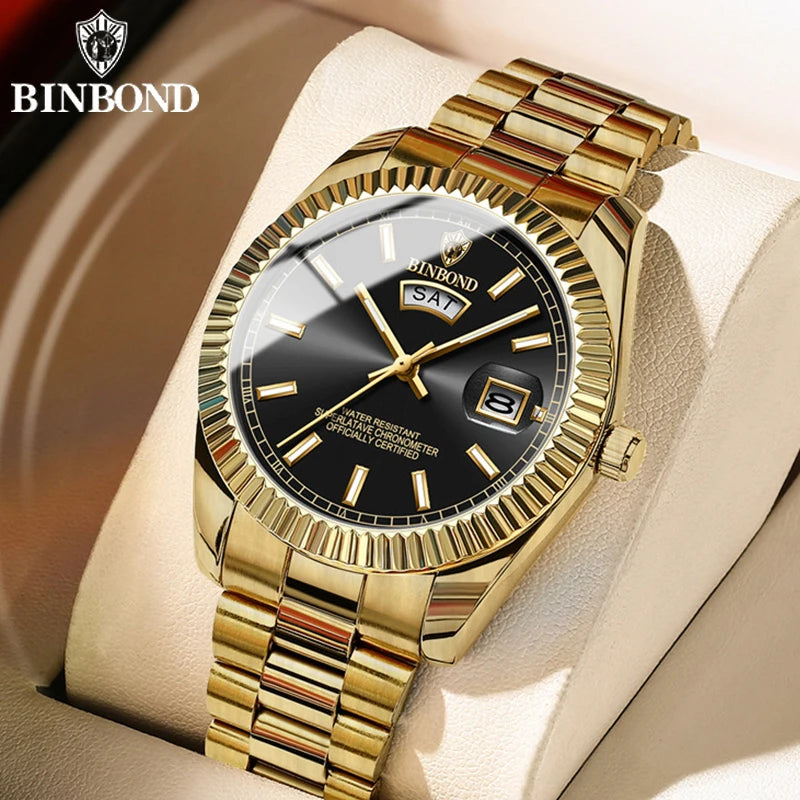 BINBOND Men's Brand Fashion Business Sports Quartz Watch 30M Waterproof Luminous Classic Calendar Creative Clock Mens Wristwatch